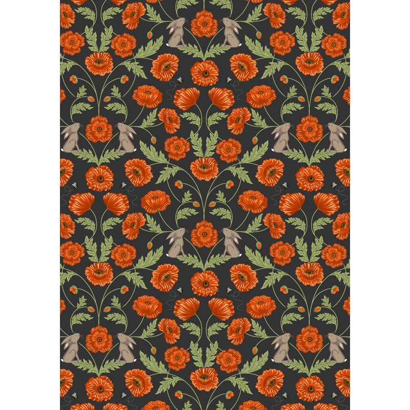 Poppies P761.1 Mirrored poppies and hares on dark